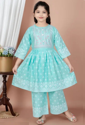 RKTM Girls Festive & Party Kurta and Palazzo Set(Light Blue Pack of 1)