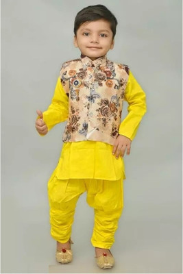 Zuid Baby Boys Festive & Party Kurta, Waistcoat and Pyjama Set(Yellow Pack of 1)
