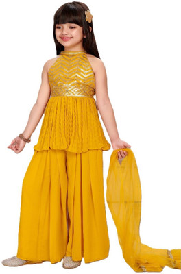 TinyTrendss Girls Wedding, Festive & Party, Casual Kurta and Palazzo Set(Yellow Pack of 1)