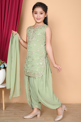 Padosi Girls Festive & Party Kurti, Patiala and Dupatta Set(Light Green Pack of 3)