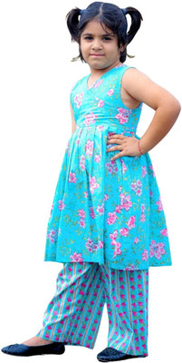 Mselimdresses Girls Festive & Party Angarkha and Sharara Set(Blue Pack of 1)