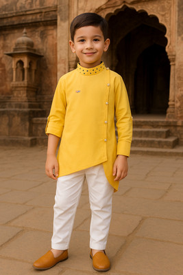FASHION GRAB Baby Boys Casual Kurta and Pyjama Set(Yellow Pack of 1)