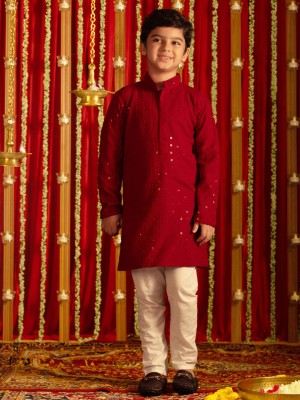 VASTRAMAY Boys Festive & Party Kurta and Pyjama Set(Maroon Pack of 1)