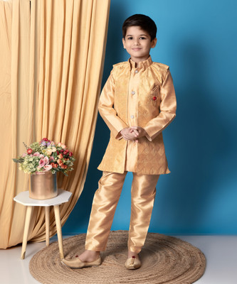 Hasibul Fashion Boys Festive & Party Kurta, Waistcoat and Pyjama Set(Gold Pack of 1)