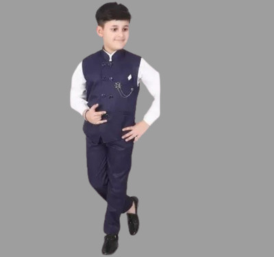 ATLY Boys Festive & Party, Wedding Shirt, Waistcoat and Pant Set(Dark Blue Pack of 1)