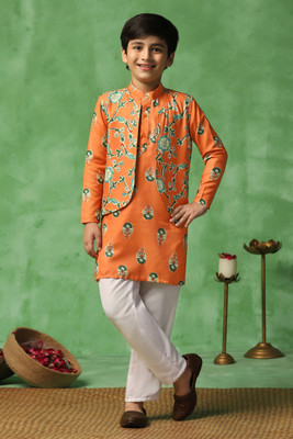 Fashion Dream Boys Wedding Kurta, Waistcoat and Pyjama Set(Orange Pack of 1)