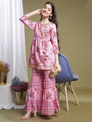 Curly Tales Girls Casual Angarkha and Sharara Set(Multicolor Pack of 1)