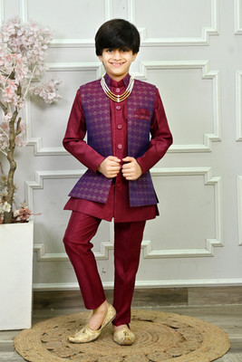 AHHAAAA Boys Festive & Party Kurta, Waistcoat and Breeches Set(Red Pack of 1)