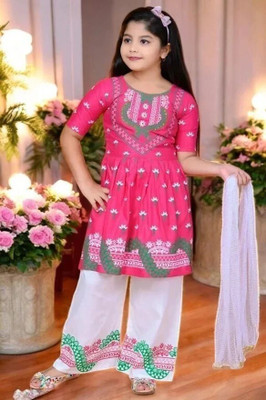 ANMLDRESS Girls Festive & Party Kurta and Palazzo Set(Pink Pack of 1)