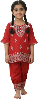 AF COLLECTION Girls Wedding Kurta and Pyjama Set(Red Pack of 2)