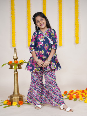 KiddoPanti Girls Festive & Party Kurta and Sharara Set(Dark Blue Pack of 1)