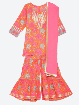 BIBA Girls Casual Kurta, Pyjama & Dupatta Set(Orange Pack of 3)
