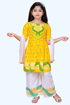 GAFFAR STORES Girls Festive & Party Kurta and Palazzo Set(Yellow Pack of 1)