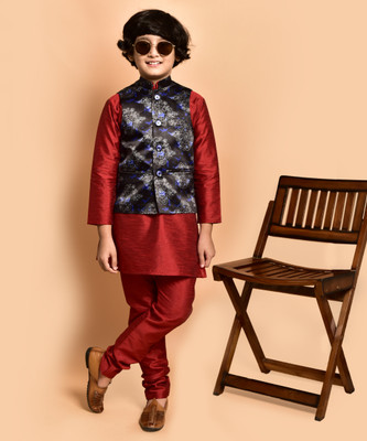 PRINTINIDA Boys Casual Kurta and Pyjama Set(Red Pack of 1)