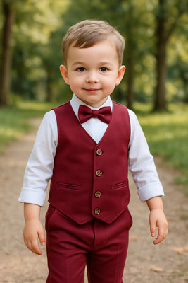 Ninas Baby Boys Festive & Party Shirt, Waistcoat and Pant Set(Maroon Pack of 4)