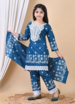 TIKTOK FASHION Girls Festive & Party Kurta, Churidar & Dupatta Set(Blue Pack of 1)