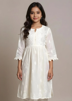 ChikanKari By Klothes Hub Girls Festive & Party Kurta and Pyjama Set(White Pack of 1)