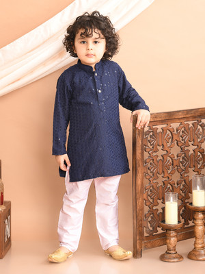 Superminis Boys Festive & Party Kurta and Pyjama Set(Dark Blue Pack of 1)
