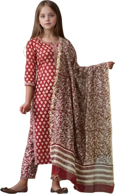 Aarya Designer Girls Casual Kurta, Pyjama & Dupatta Set(Red Pack of 1)
