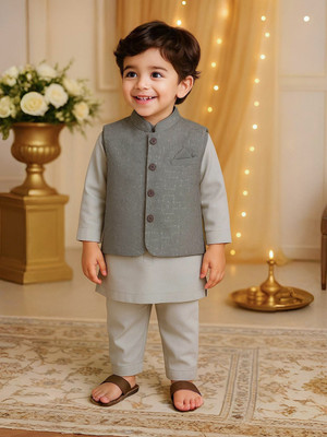 Kidbea Boys Festive & Party Kurta and Pyjama Set(Grey Pack of 1)