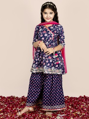 naughty ninos Girls Festive & Party Kurta, Pyjama & Dupatta Set(Dark Blue Pack of 1)