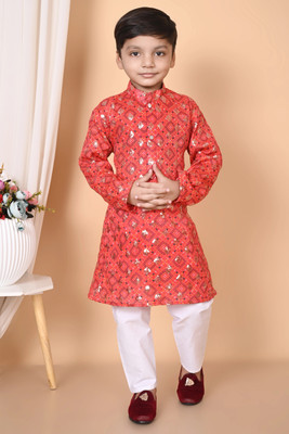 HouseOfCommon Boys Festive & Party Kurta and Churidar Set(Red Pack of 1)