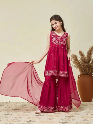 Curly Tales Girls Festive & Party Kurta and Sharara Set(Pink Pack of 1)