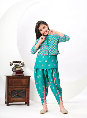 Kavish Girls Festive & Party Ethnic Jacket, Kurta and Dhoti Pant Set(Blue Pack of 3)