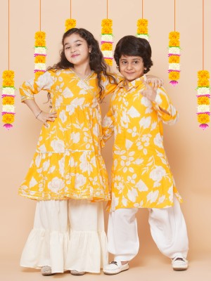 Bitiya By Bhama Girls Festive & Party Angarkha and Sharara Set(Yellow Pack of 1)