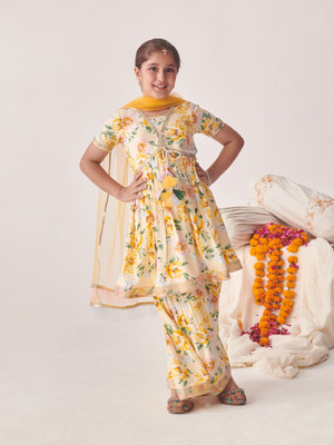 Pspeaches Girls Festive & Party Kurta, Pyjama & Dupatta Set(White Pack of 1)
