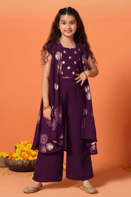 Fashion Dream Girls Festive & Party Ethnic Jacket, Blouse and Palazzo Set(Maroon Pack of 1)