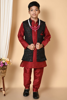 Bright Garments Dresses Boys Festive & Party Kurta, Waistcoat and Pyjama Set(Red Pack of 1)