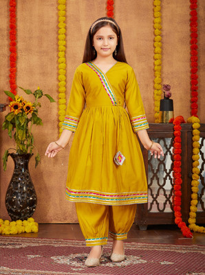 Sangria Girls Festive & Party Kurta and Patiala Set(Yellow Pack of 1)