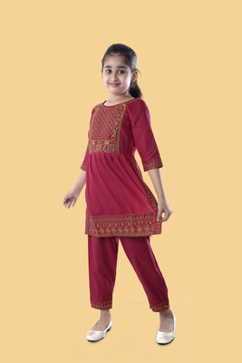 BURBN Girls Festive & Party Kurta and Palazzo Set(Red Pack of 1)