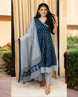 Various Vault Girls Casual Churidar and Dupatta Set(Dark Blue Pack of 1)