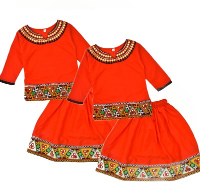 KALAVISHA Baby Girls Festive & Party, Wedding Top and Skirt Set(Orange Pack of 2)