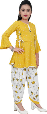 TryZone Girls Festive & Party Dhoti & Kurta Set(Yellow Pack of 1)