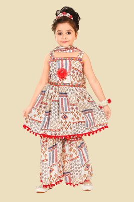 the crown Girls Festive & Party Kurta, Dhoti Pant & Dupatta Set(White Pack of 1)