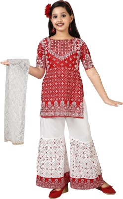 K.J. Creations Girls Festive & Party, Wedding Kurta and Palazzo Set(Red Pack of 1)