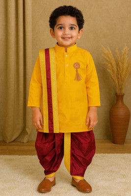 New Ekta Dresses Baby Boys Festive & Party Kurta, Dhoti Pant & Dupatta Set(Yellow Pack of 1)