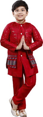 Smuktar garments Boys Casual, Festive & Party, Wedding Kurta, Waistcoat and Pyjama Set(Red Pack of 1)