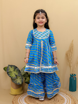 Superminis Girls Festive & Party Angarkha and Sharara Set(Blue Pack of 1)