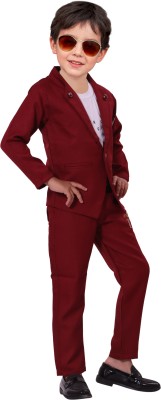 jas couture Boys Festive & Party Blazer, Shirt and Trouser Set(Maroon Pack of 1)