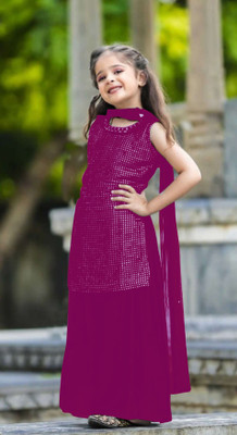NKV FASHION Girls Festive & Party Kurta, Pyjama & Dupatta Set(Purple Pack of 1)