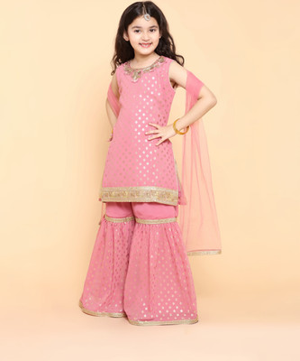 Adiva Girls Festive & Party Kurta and Palazzo Set(Pink Pack of 1)