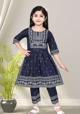 TheReadymade Fashion Girls Casual Kurta and Pyjama Set(Dark Blue Pack of 1)