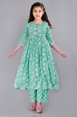 SATVASHIV Girls Festive & Party, Casual Kurta and Pyjama Set(Green Pack of 1)