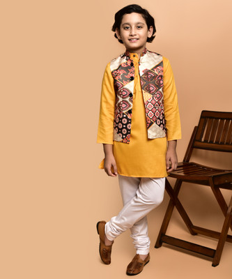 PRINTINIDA Baby Boys Casual Kurta and Pyjama Set(Yellow Pack of 1)