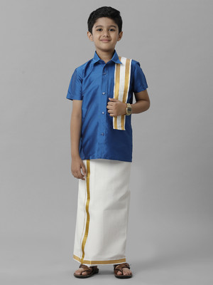 Ramraj Cotton Boys Festive & Party Dhoti, Shawl and Shirt Set(Blue Pack of 1)