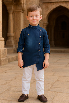 FASHION GRAB Boys Casual Kurta and Pyjama Set(Blue Pack of 1)